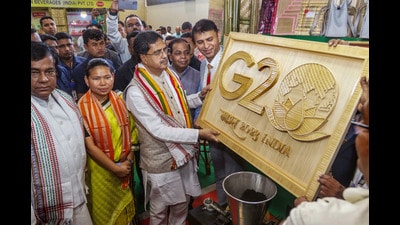 Tripura chief minister Manik Saha at an exhibition organised as part of G20 meeting in Agartala on Monday. (PTI) Tripura chief minister Manik Saha at an exhibition organised as part of G20 meeting in Agartala on Monday. (PTI)