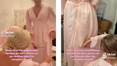 TikTok video of bridesmaid chopping wedding dress goes viral TikTok video of bridesmaid chopping wedding dress goes viral