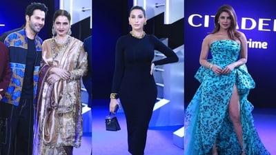 Varun Dhawan, Rekha. Nora Fatehi and Priyanka Chopra at Citadel premiere in Mumbai. (Photo: Varinder Chawla) (Varinder Chawla) Varun Dhawan, Rekha. Nora Fatehi and Priyanka Chopra at Citadel premiere in Mumbai. (Photo: Varinder Chawla) (Varinder Chawla)