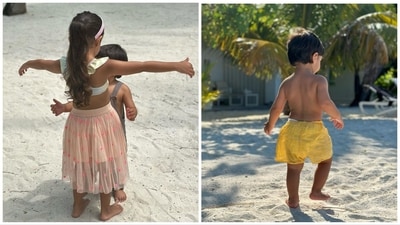 Neha Dhupia has shared pictures of Mehr and Guriq having a gala time playing barefoot in sand, under the sun on the beach. Neha Dhupia has shared pictures of Mehr and Guriq having a gala time playing barefoot in sand, under the sun on the beach. 