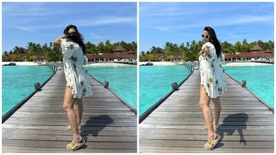 Neha Dhupia also shared several solo pictures of herself, posing on the wooden path leading to their cottage, with the green ocean visible on both sides. Neha Dhupia also shared several solo pictures of herself, posing on the wooden path leading to their cottage, with the green ocean visible on both sides. 