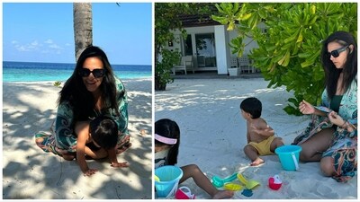 Neha Dhupia has shared some adorable pictures of her kids Mehr and Guriq playing in sand on the beachside. She however, refrains from showing their faces on social media. Neha Dhupia has shared some adorable pictures of her kids Mehr and Guriq playing in sand on the beachside. She however, refrains from showing their faces on social media. 