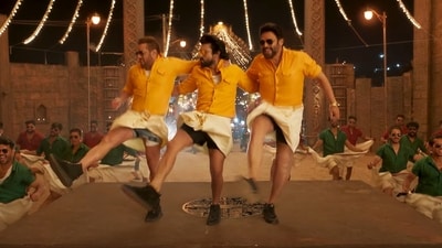 Salman Khan, Ram Charan and Venkatesh Daggubati in a still from Kisi Ka Bhai Kisi Ki Jaan song Yentamma. Salman Khan, Ram Charan and Venkatesh Daggubati in a still from Kisi Ka Bhai Kisi Ki Jaan song Yentamma.