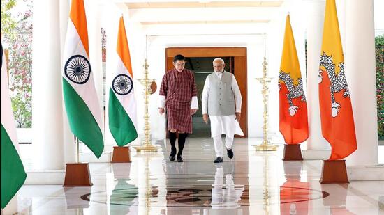 Prime Minister Narendra Modi meets the King of Bhutan, Jigme Khesar Namgyel Wangchuck in New Delhi on Tuesday. (PIB Photo)