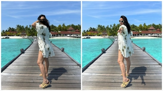 Neha Dhupia also shared several solo pictures of herself, posing on the wooden path leading to their cottage, with the green ocean visible on both sides.&nbsp;