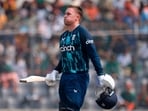 Cricket - Second ODI - Bangladesh v England - Sher-e-Bangla National Cricket Stadium, Dhaka, Bangladesh - March 3, 2023 England's Jason Roy celebrates after reaching his century REUTERS/Adnan Abidi