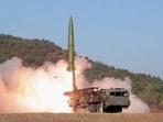 A screen grab shows shows a recent ballistic missile launch at an undisclosed location in this undated still image used in a video.