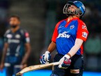 Prithvi Shaw reacts after his dismissal against Gujarat Titans. Prithvi Shaw reacts after his dismissal against Gujarat Titans.