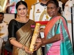 President Droupadi Murmu confers Padma Shri to actor Raveena Tandon during Padma Awards 2023 ceremony at Rashtrapati Bhawan.