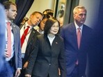 House Speaker Kevin McCarthy, R-Calif., right, and Taiwan President Tsai Ing-wen, second from right, arrive at a Bipartisan Leadership Meeting at the Ronald Reagan Presidential Library in Simi Valley, California. House Speaker Kevin McCarthy, R-Calif., right, and Taiwan President Tsai Ing-wen, second from right, arrive at a Bipartisan Leadership Meeting at the Ronald Reagan Presidential Library in Simi Valley, California.