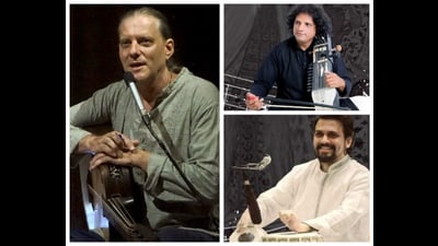 (Clockwise): The fusion music concert will include performances by Canadian-French music maestro Nadaka and award-winning Indian musicians Ilyas Khan and Chandrashekar (HT Photos)