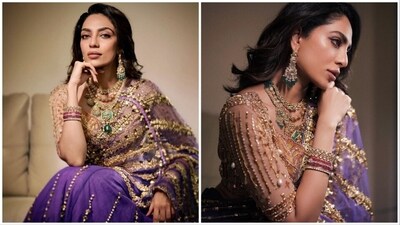 Sobhita Dhulipala who recently attended her sister's wedding in Vizag shared a series of photos of what she wore to the reception and left fans spellbound. The gorgeous Sobhita kept it traditional and draped a gorgeous lavender embellished saree featuring embroidery work. (Instagram/@sobhitad) Sobhita Dhulipala who recently attended her sister's wedding in Vizag shared a series of photos of what she wore to the reception and left fans spellbound. The gorgeous Sobhita kept it traditional and draped a gorgeous lavender embellished saree featuring embroidery work. (Instagram/@sobhitad)