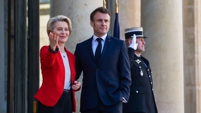 Emmanuel Macron, France's president, right, with EU chief Ursula von der Leyen. (Bloomberg) Emmanuel Macron, France's president, right, with EU chief Ursula von der Leyen. (Bloomberg)