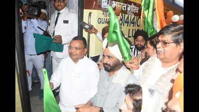Guru Kripa Yatra train being flagged off in Lucknow on Wednesday (HT Photo)