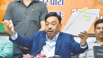 Mumbai, India - April 05, 2023: Union Minister of Micro, Small and Medium Enterprises Narayan Rane during a press conference, at BJP Office, Nariman Point, in Mumbai, India, on Wednesday, April 05, 2023. (Photo by Bhushan Koyande/HT Photo) (HT PHOTO) Mumbai, India - April 05, 2023: Union Minister of Micro, Small and Medium Enterprises Narayan Rane during a press conference, at BJP Office, Nariman Point, in Mumbai, India, on Wednesday, April 05, 2023. (Photo by Bhushan Koyande/HT Photo) (HT PHOTO)