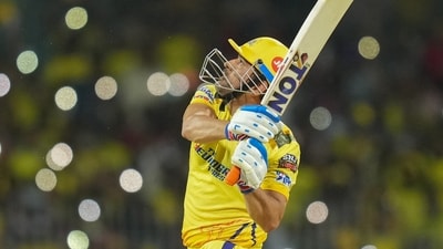 MS Dhoni launches the ball over deep square leg for a humongous six. (PTI) MS Dhoni launches the ball over deep square leg for a humongous six. (PTI)
