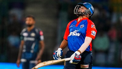 Prithvi Shaw reacts after his dismissal against Gujarat Titans. (PTI) Prithvi Shaw reacts after his dismissal against Gujarat Titans. (PTI)