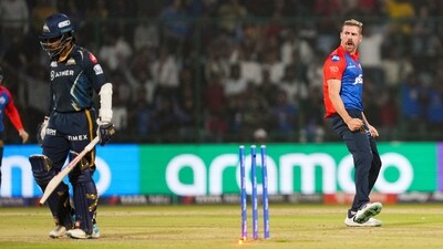 Delhi Capitals bowler Anrich Nortje celebrates the wicket of Gujarat Titans batter Wriddhiman Saha during the IPL 2023 (PTI) Delhi Capitals bowler Anrich Nortje celebrates the wicket of Gujarat Titans batter Wriddhiman Saha during the IPL 2023 (PTI)