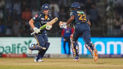 New Delhi: Gujarat Titans batters David Miller and Sai Sudharsan run between the wickets during the IPL 2023 cricket match between Delhi Capitals and Gujarat Titans, at the Arun Jaitley Stadium in New Delhi, Tuesday, April 4, 2023. (PTI Photo/Ravi Choudhary)(PTI04_04_2023_000382B) (PTI) New Delhi: Gujarat Titans batters David Miller and Sai Sudharsan run between the wickets during the IPL 2023 cricket match between Delhi Capitals and Gujarat Titans, at the Arun Jaitley Stadium in New Delhi, Tuesday, April 4, 2023. (PTI Photo/Ravi Choudhary)(PTI04_04_2023_000382B) (PTI)