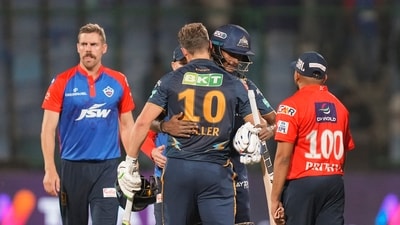 New Delhi: Gujarat Titans batters David Miller and Sai Sudharsan hug each other after winning the IPL 2023 cricket match against Delhi Capitals, at the Arun Jaitley Stadium in New Delhi, Tuesday, April 4, 2023. (PTI Photo/Ravi Choudhary)(PTI04_04_2023_000394A) (PTI) New Delhi: Gujarat Titans batters David Miller and Sai Sudharsan hug each other after winning the IPL 2023 cricket match against Delhi Capitals, at the Arun Jaitley Stadium in New Delhi, Tuesday, April 4, 2023. (PTI Photo/Ravi Choudhary)(PTI04_04_2023_000394A) (PTI)