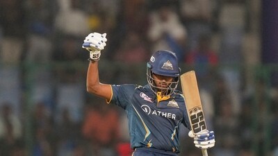 Gujarat Titans batter Sai Sudharsan celebrates after scoring a half century during the IPL 2023 cricket match between Delhi Capitals and Gujarat Titans, at the Arun Jaitley Stadium in New Delhi. (PTI) Gujarat Titans batter Sai Sudharsan celebrates after scoring a half century during the IPL 2023 cricket match between Delhi Capitals and Gujarat Titans, at the Arun Jaitley Stadium in New Delhi. (PTI)
