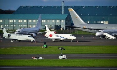 Private jets parked at the Prestwick Airport in Scotland in November 2021. (Reuters)