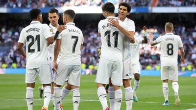 Real Madrid's Marco Asensio celebrates scoring their fifth goal with teammates (REUTERS)