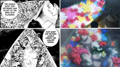 In the final scene of the first episode, Gabimaru performs his ninjutsu, Ascetic Blaze, to stop the officers from subduing him. (Yuji Kaku, MAPPA, Viz Media) In the final scene of the first episode, Gabimaru performs his ninjutsu, Ascetic Blaze, to stop the officers from subduing him. (Yuji Kaku, MAPPA, Viz Media)