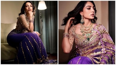 Sobhita Dhulipala posed for photos in her reception look. Sobhita Dhulipala posed for photos in her reception look.