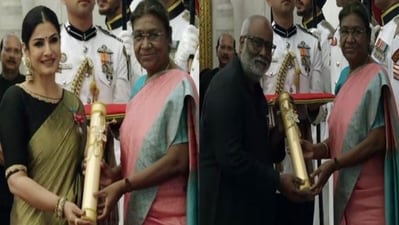 Raveena Tandon and MM Keeravaani receive Padma Shri at New Delhi. (ANi photo) (ANI)