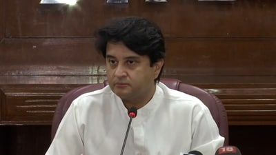 Union minister Jyotiraditya Scindia on Wednesday addressed a press conference on Rahul Gandhi's disqualification. Union minister Jyotiraditya Scindia on Wednesday addressed a press conference on Rahul Gandhi's disqualification.