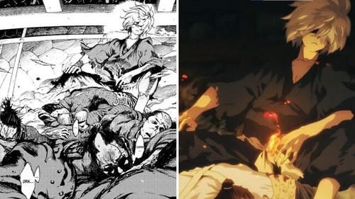In the final scene of the first episode, Gabimaru performs his ninjutsu, Ascetic Blaze, to stop the officers from subduing him. (Yuji Kaku, MAPPA, Viz Media) In the final scene of the first episode, Gabimaru performs his ninjutsu, Ascetic Blaze, to stop the officers from subduing him. (Yuji Kaku, MAPPA, Viz Media)