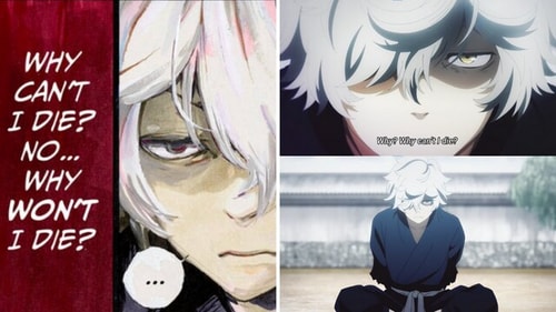 Gabimaru, the protagonist, is shown thinking, “Why can’t I die, no, why won’t I die?” (Yuji Kaku, MAPPA, Viz Media) Gabimaru, the protagonist, is shown thinking, “Why can’t I die, no, why won’t I die?” (Yuji Kaku, MAPPA, Viz Media)