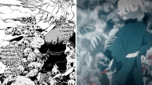 Throughout the first episode of the anime, Gabimaru reflects on the people he’s killed. (Yuji Kaku, MAPPA, Viz Media) Throughout the first episode of the anime, Gabimaru reflects on the people he’s killed. (Yuji Kaku, MAPPA, Viz Media)