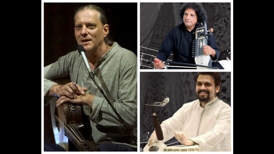 (Clockwise): The fusion music concert will include performances by Canadian-French music maestro Nadaka and award-winning Indian musicians Ilyas Khan and Chandrashekar (HT Photos)