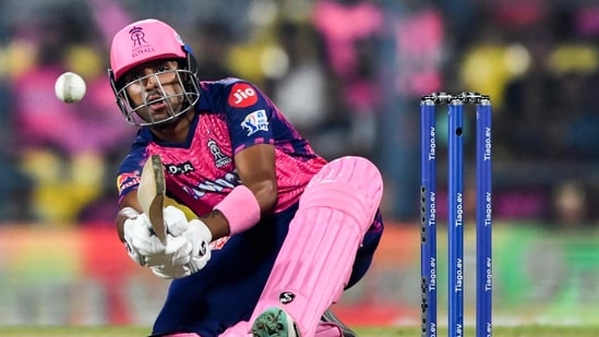 Rajasthan Royals' Dhruv Jurel plays a shot during IPL 2023 match against Punjab Kings at the Assam Cricket Association Stadium in Guwahati(AFP)