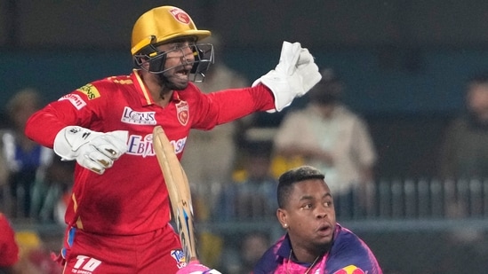 Shimron Hetmyer plays a shot during Indian Premier League 2023 match between Punjab Kings and Rajasthan Royals in Guwahati.(AP)