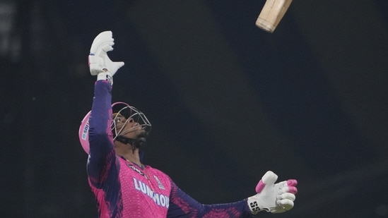 Rajasthan Royals' Shimron Hetmyer throws his bat after he was run out in the last over during IPL 2023 match against Punjab Kings(AP)