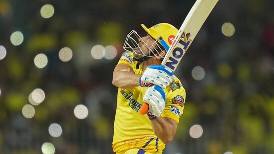 MS Dhoni launches the ball over deep square leg for a humongous six. (PTI)