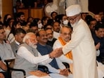 PM Modi being greeted by Shah Rasheed Ahmed Quadri as he arrives to receive Padma Shri for Art during Padma Awards 2023 ceremony on Wednesday.