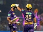 KKR batter Shardul Thakur being greeted by his teammate Rinu Singh after his half-century during IPL 2023 cricket match between Kolkata Knight Riders and Royal Challengers Bangalore at the Eden Garden