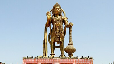 A 54-feet-tall statue of Lord Hanuman unveiled by union home minister Amit Shah occasion of the Hanuman Jayanti, at Shree Kashtabhanjan Dev Hanumanji Temple, Salangpur, in Botad on Thursday. (ANI via Amit Shah Twitter) A 54-feet-tall statue of Lord Hanuman unveiled by union home minister Amit Shah occasion of the Hanuman Jayanti, at Shree Kashtabhanjan Dev Hanumanji Temple, Salangpur, in Botad on Thursday. (ANI via Amit Shah Twitter)