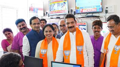 Bengaluru: Karnataka BJP President Nalin Kumar Kateel with Union MoS Shobha Karandlaje and Bhagwant Khuba during the inauguration of the party election media centre (PTI) Bengaluru: Karnataka BJP President Nalin Kumar Kateel with Union MoS Shobha Karandlaje and Bhagwant Khuba during the inauguration of the party election media centre (PTI)