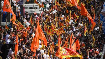Devotees take part in a religious procession on Hanuman Jayanti in Jahangirpuri. (Raj K Raj/HT Photo) Devotees take part in a religious procession on Hanuman Jayanti in Jahangirpuri. (Raj K Raj/HT Photo)