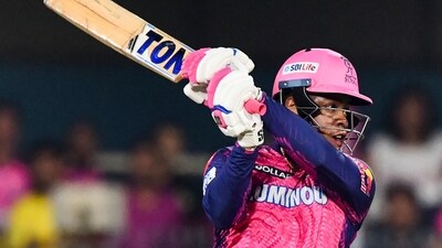 Rajasthan Royals' Shimron Hetmyer plays a shot during the Indian Premier League (IPL) Twenty20 cricket match between Rajasthan Royals and Punjab Kings at the Assam Cricket Association Stadium in Guwahati (AFP)