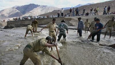 In this Aug. 13, 2010 file photo, personnel of Border Road Organization and local volunteers work to stop the overflowing water of Indus river which was damaging a highway near Leh. India has sent a notice to Pakistan for modification of the Indus Waters Treaty of September 1960 following Islamabad's 'intransigence' on its implementation. (PTI File Photo) In this Aug. 13, 2010 file photo, personnel of Border Road Organization and local volunteers work to stop the overflowing water of Indus river which was damaging a highway near Leh. India has sent a notice to Pakistan for modification of the Indus Waters Treaty of September 1960 following Islamabad's 'intransigence' on its implementation. (PTI File Photo)
