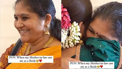 Mother-in-law reacts at bride's first look. (Instagram/@ChaithraRaj) Mother-in-law reacts at bride's first look. (Instagram/@ChaithraRaj)