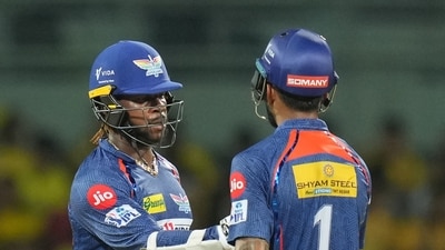 Lucknow Super Giants batter Kyle Mayers celebrates with teammate KL Rahul after scoring a half-century (PTI) Lucknow Super Giants batter Kyle Mayers celebrates with teammate KL Rahul after scoring a half-century (PTI)