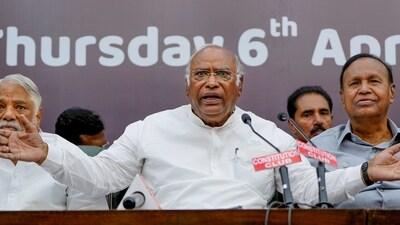 Leader of Opposition in Rajya Sabha Mallikarjun Kharge addresses a joint press conference following the 'Tiranga March', in New Delhi, Thursday. (PTI) Leader of Opposition in Rajya Sabha Mallikarjun Kharge addresses a joint press conference following the 'Tiranga March', in New Delhi, Thursday. (PTI)
