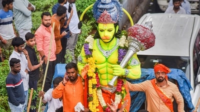 Devotees take part in a Hanuman Jayanti procession in Hyderabad, Thursday, April 6, 2023. (PTI) Devotees take part in a Hanuman Jayanti procession in Hyderabad, Thursday, April 6, 2023. (PTI)